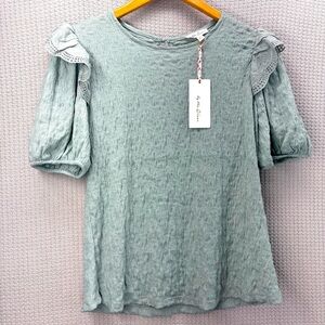 NWT By the River Boutique Blouse Size L  Green Flutter Sleeve Boho Top Fairy